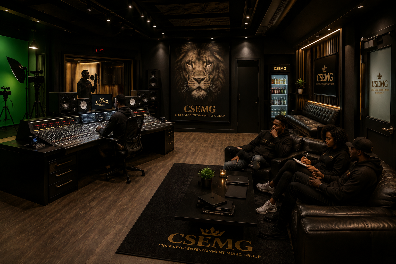 Studio control room at night with gold lighting and an artist in the vocal booth